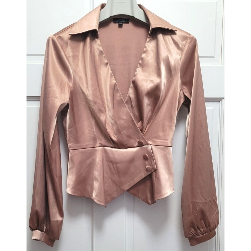 Privy Women's Satin Faux Wrap Long Sleeve Blouse - Champaign - Sz Small